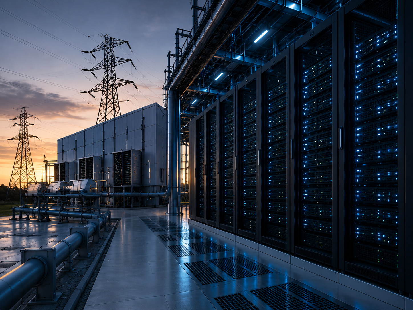 Interior of a data centre showing illuminated server racks, overhead cable trays and power infrastructure at dusk